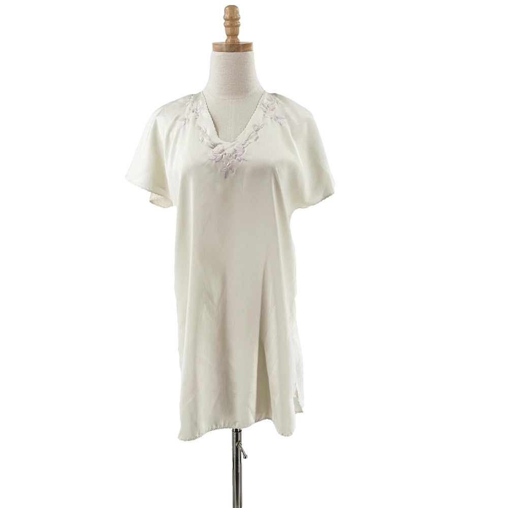 VTG Floral Embroidered Mini Satin Slip Nightgown S?‎ Ivory Coquette Retro Bridal